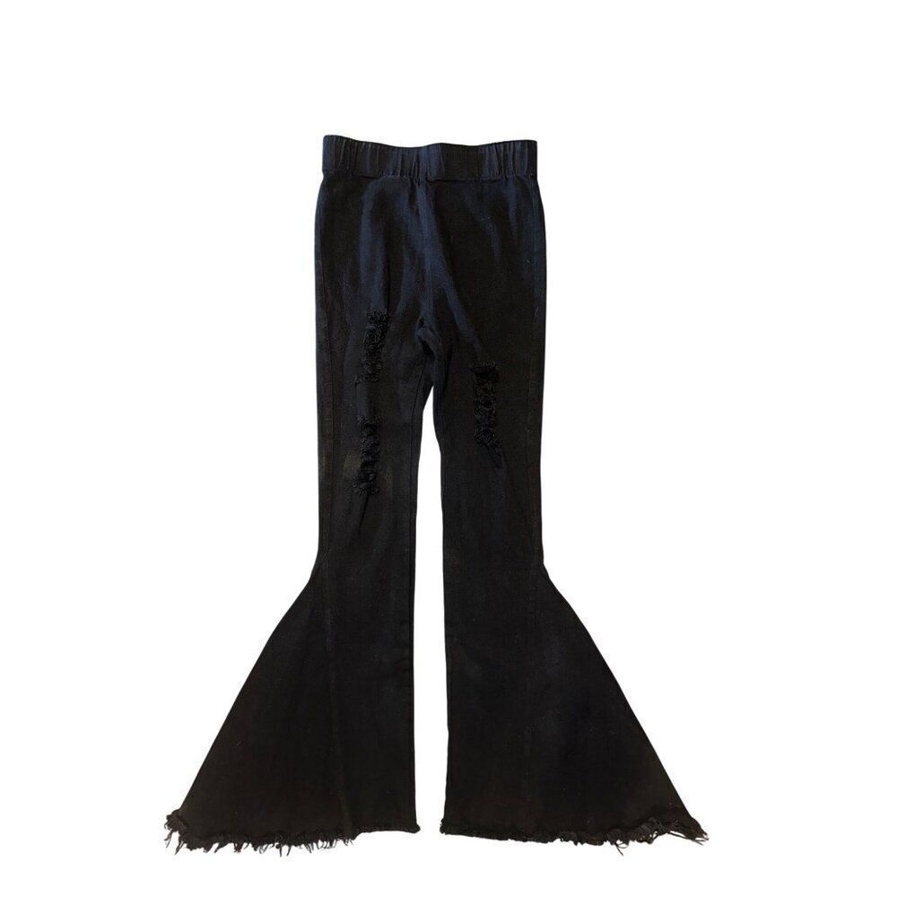 NWT Lucky & Blessed Black Pull-On Distressed Bell Bottom Flare Jeans Size Small